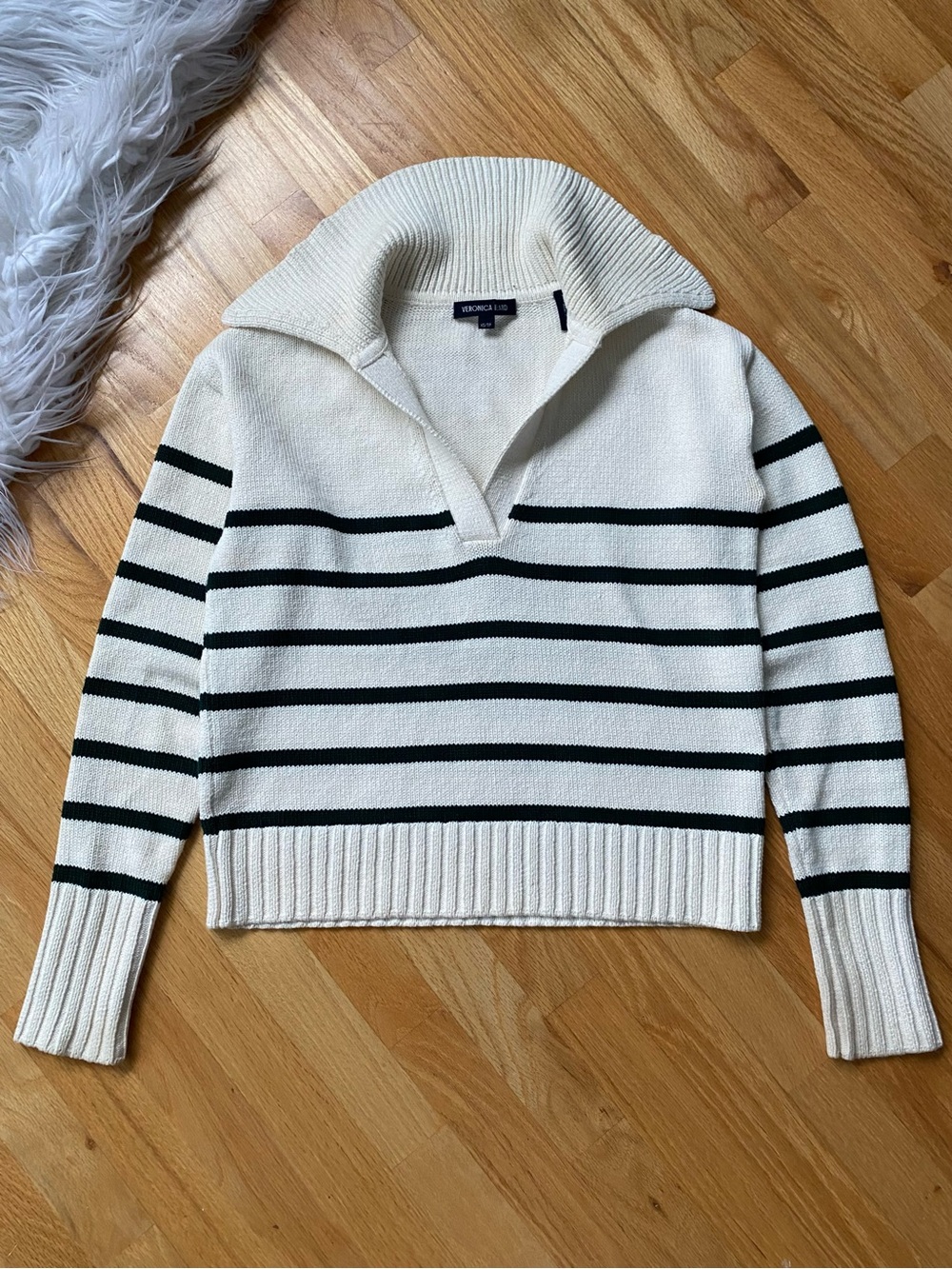 Veronica Beard Cream & Green Striped Sailor-Collar Polo Cotton Sweater